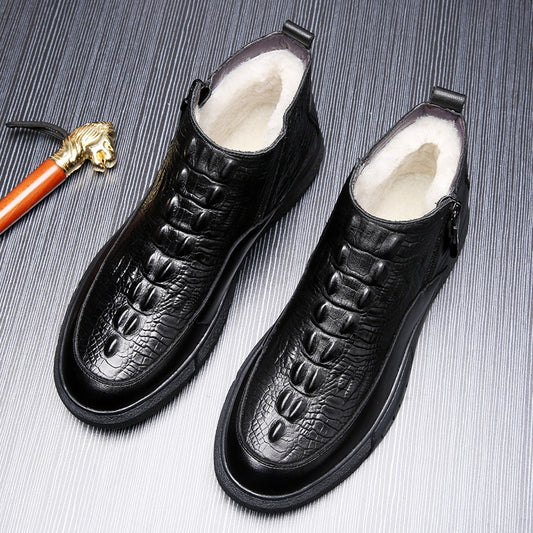 Men's Winter First Layer Cowhide Crocodile Pattern Wool Cotton Fleece-lined Men's Shoes