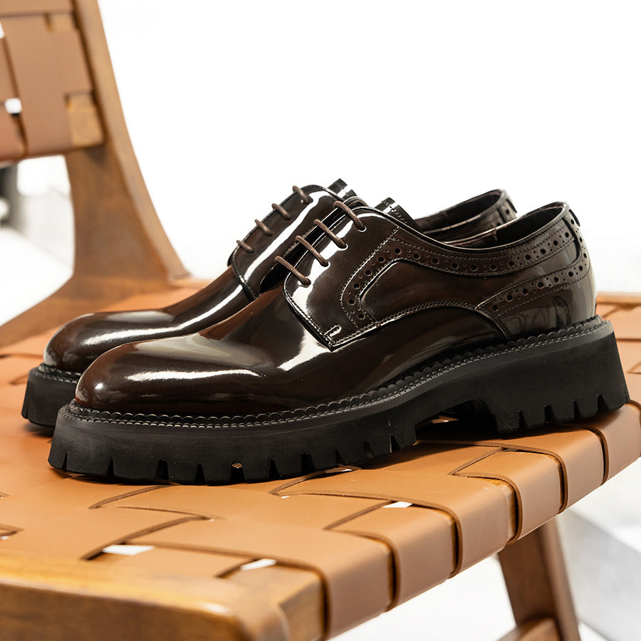 Men's Korean Big Head Round British Platform Patent Suit Leather Shoes