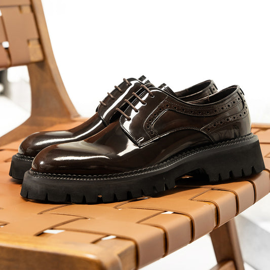 Men's Korean Big Head Round British Platform Patent Suit Leather Shoes