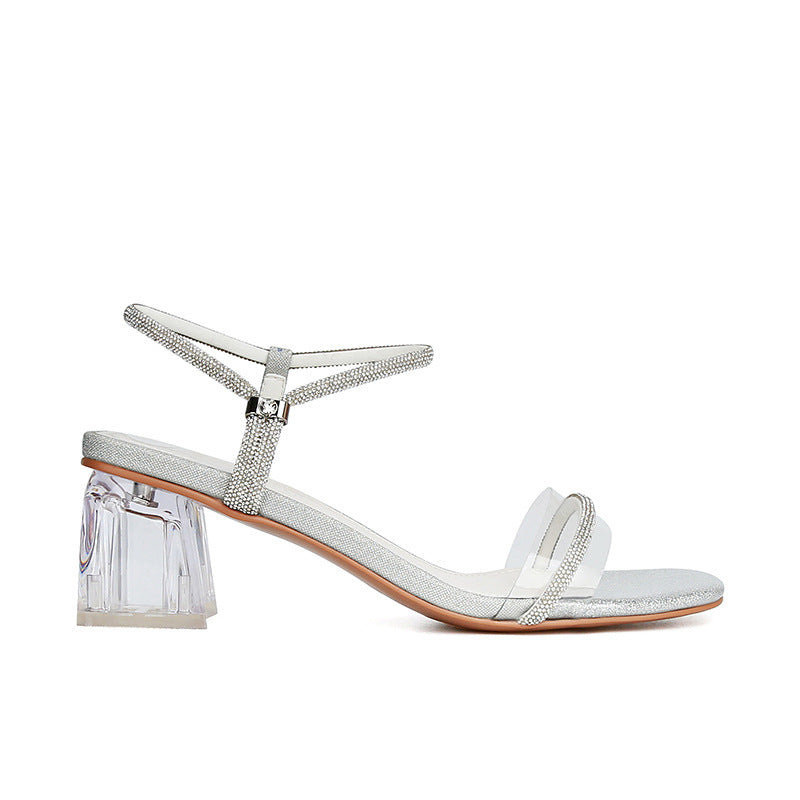 Women's French Strap Transparent Rhinestone Thick High Heels