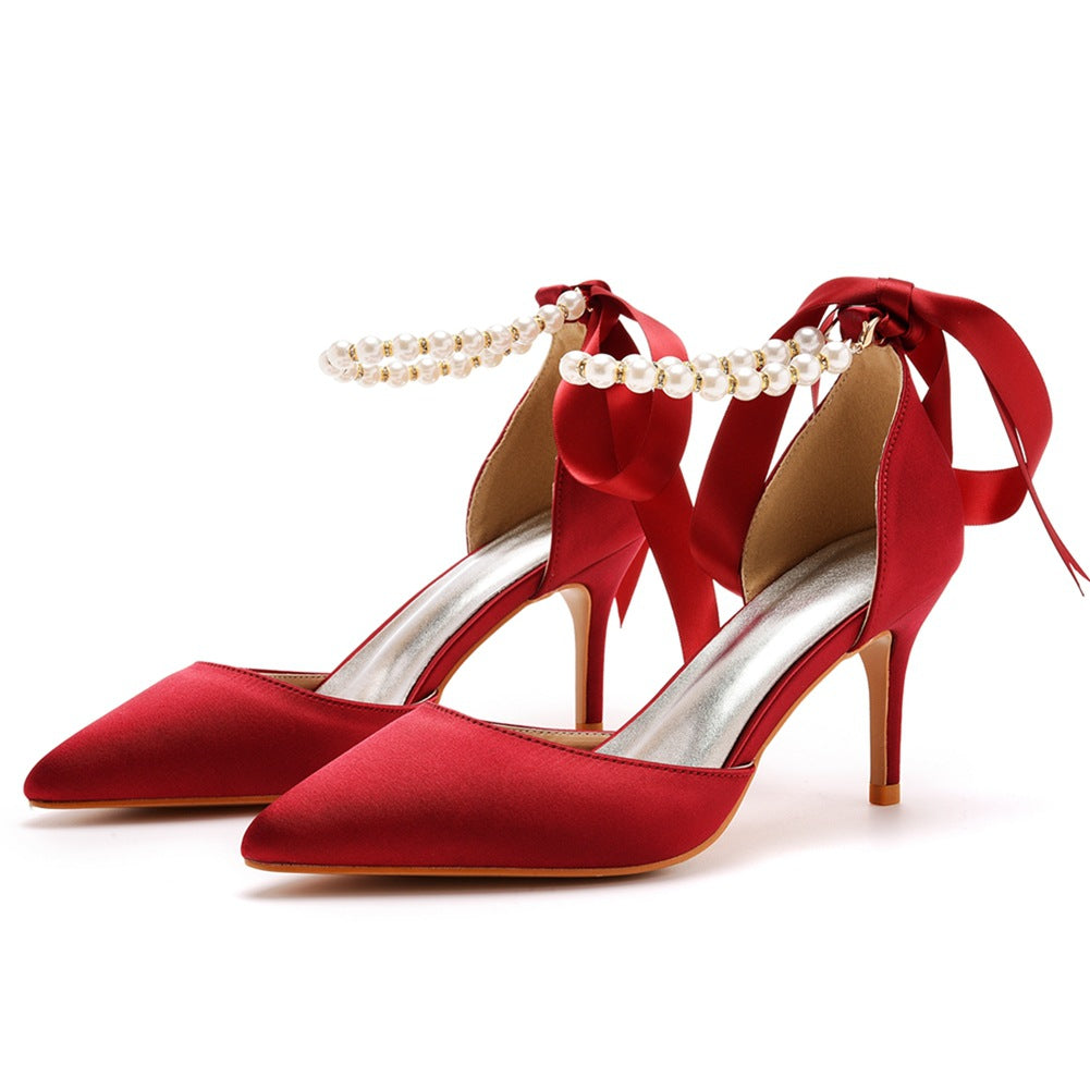Women's & Men's Plus Size Banquet Ribbon Beaded High Satin Heels