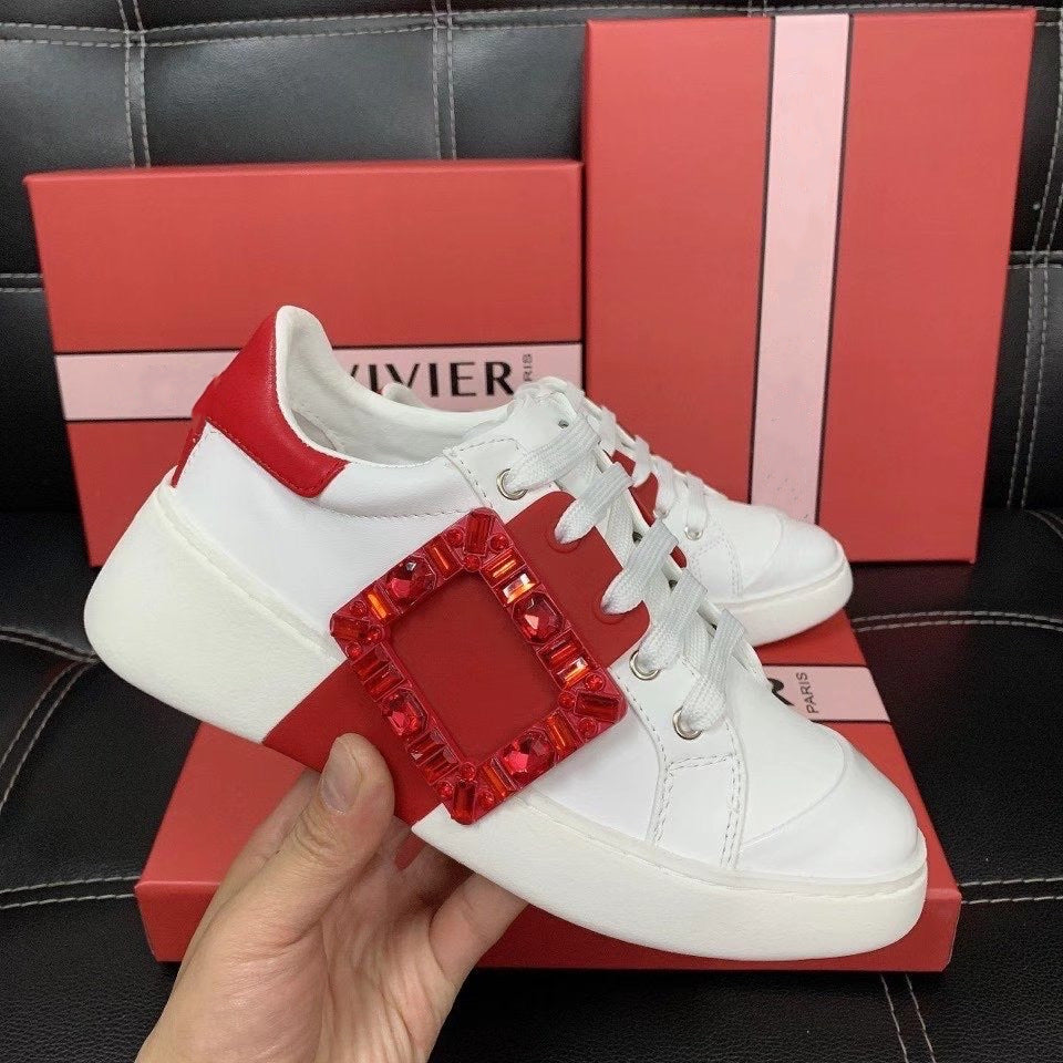 Women's Rhinestone Square Buckle White Inner Height Casual Shoes