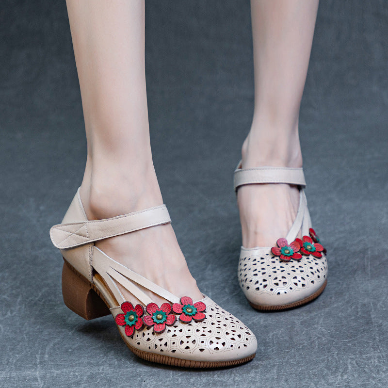 Women's Toe Mid Flower Hollowed Color Matching First Layer Heels