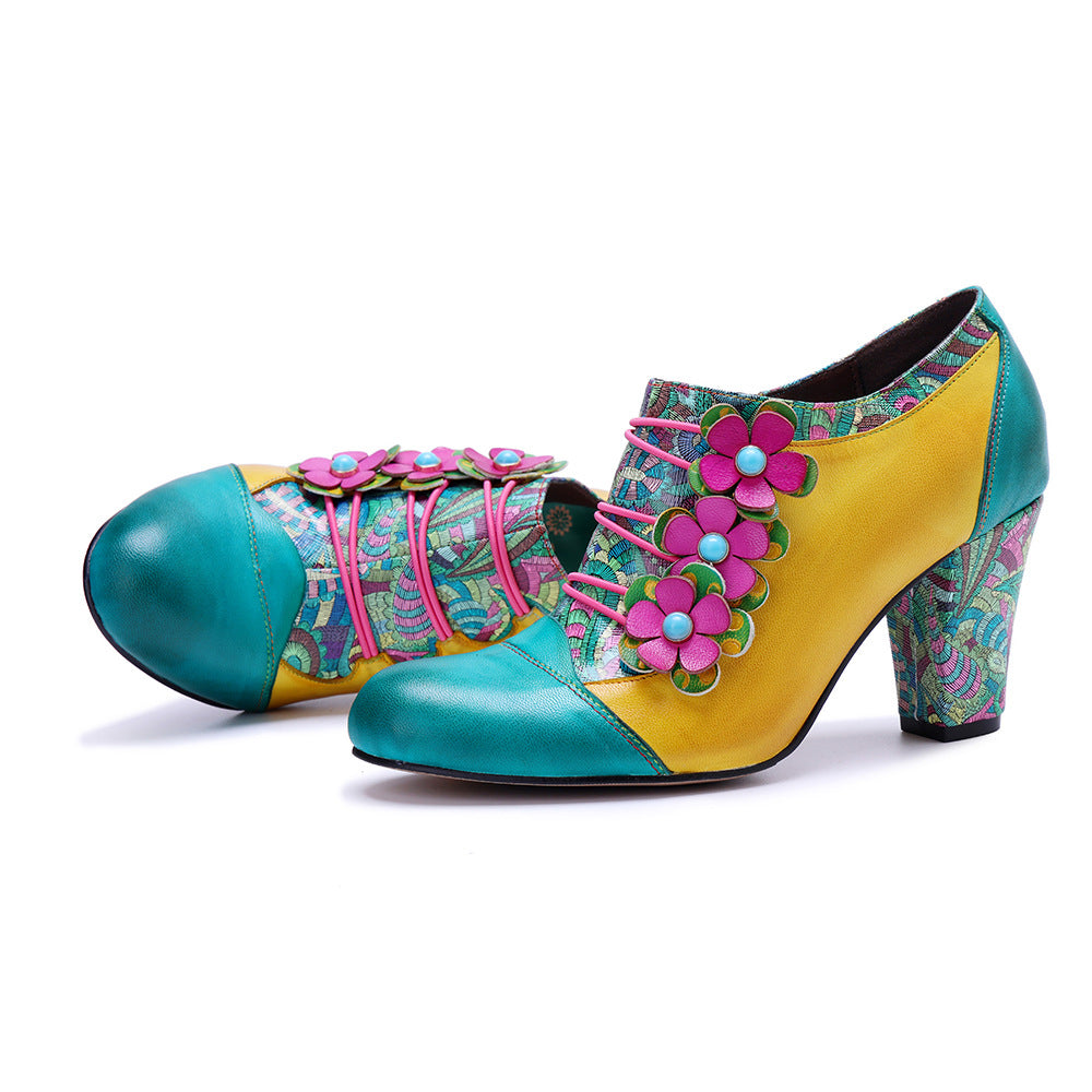 Color Matching Three-dimensional Flower Side Zipper Chunky Women's Fashion Shoes