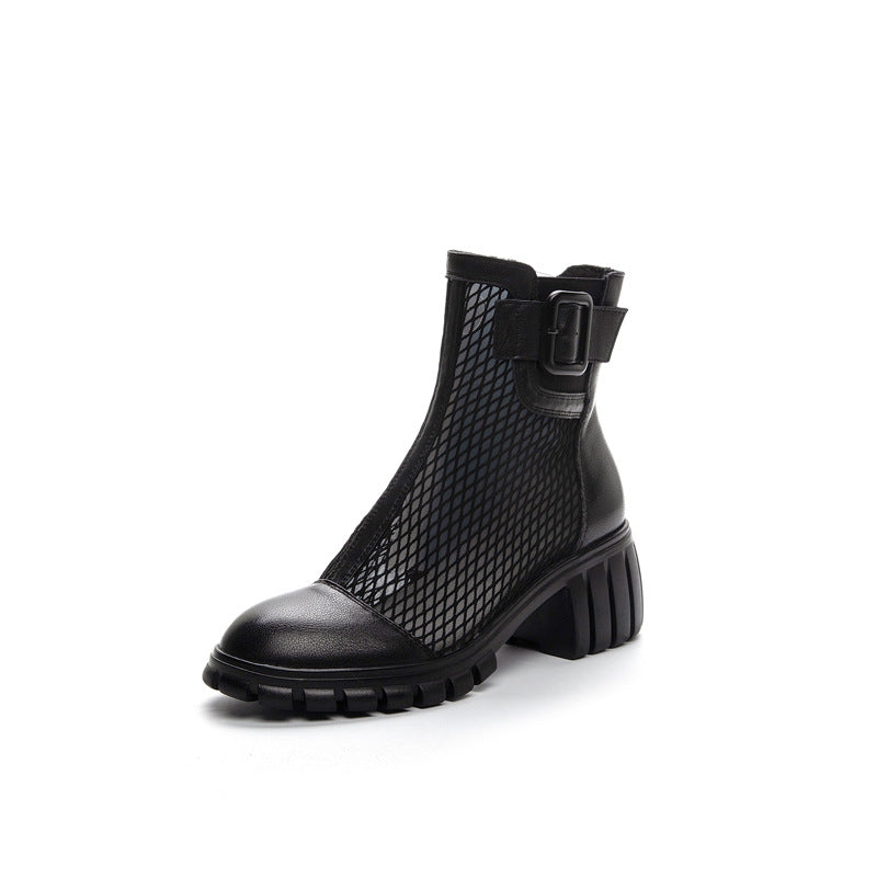 Women's Cowhide Mesh High For Summer Chunky Heels