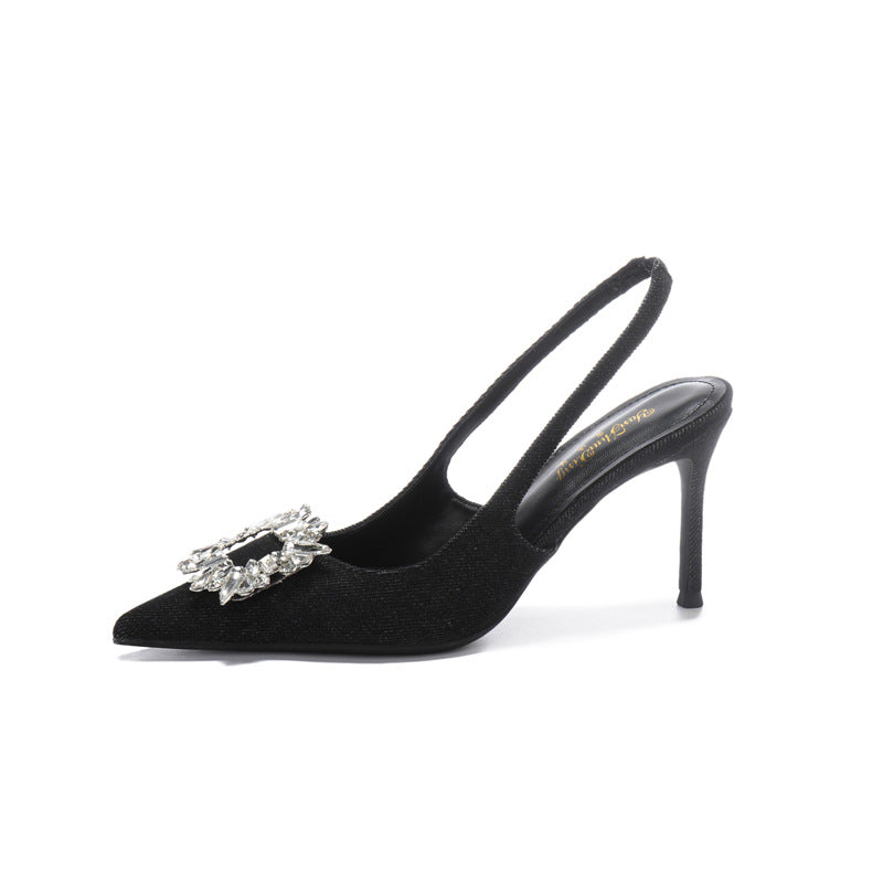 Pointed Toe Slingback Closed Rhinestone Square Buckle Heels