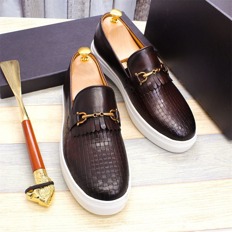 Men's Toe Pumps Flat Woven Pattern Handmade Leather Shoes