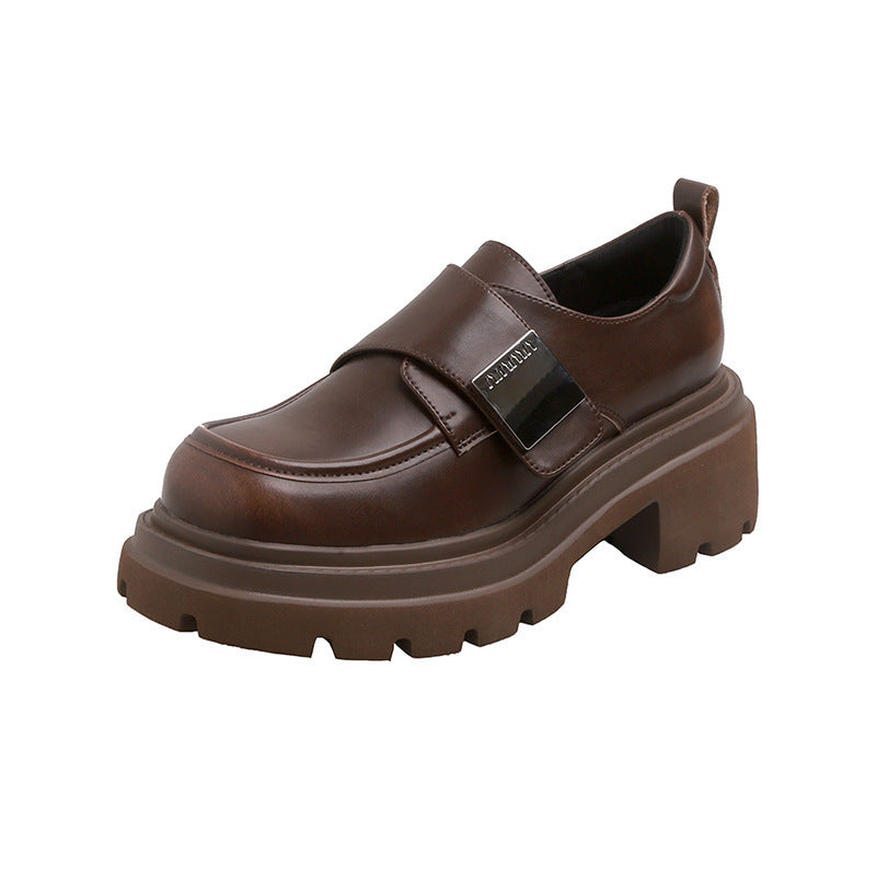 Women's & Men's Thick-soled British Style Velcro Square Buckle Brown Loafers