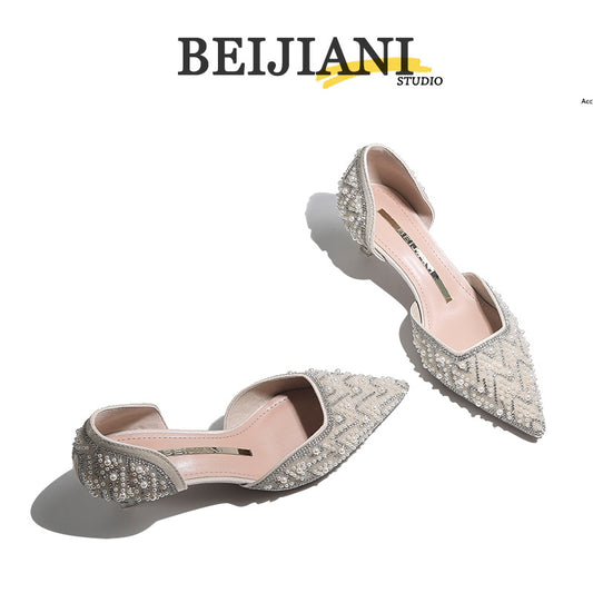 French Style Bright Crystal Pearl Wedding Bridesmaid High Pointed Toe Women's Fashion Shoes