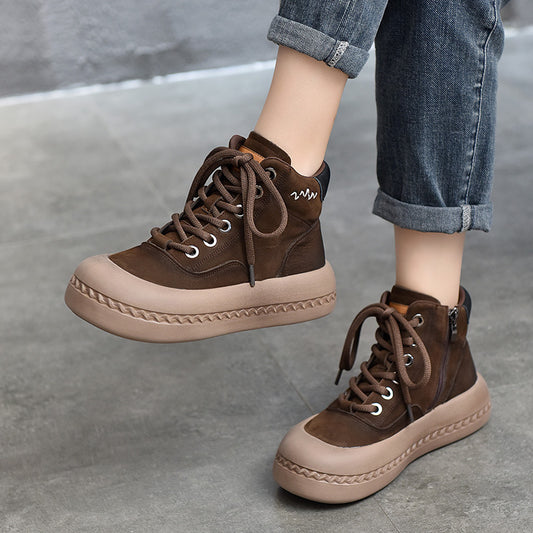 Women's First Layer Cowhide Platform Retro Lace Boots