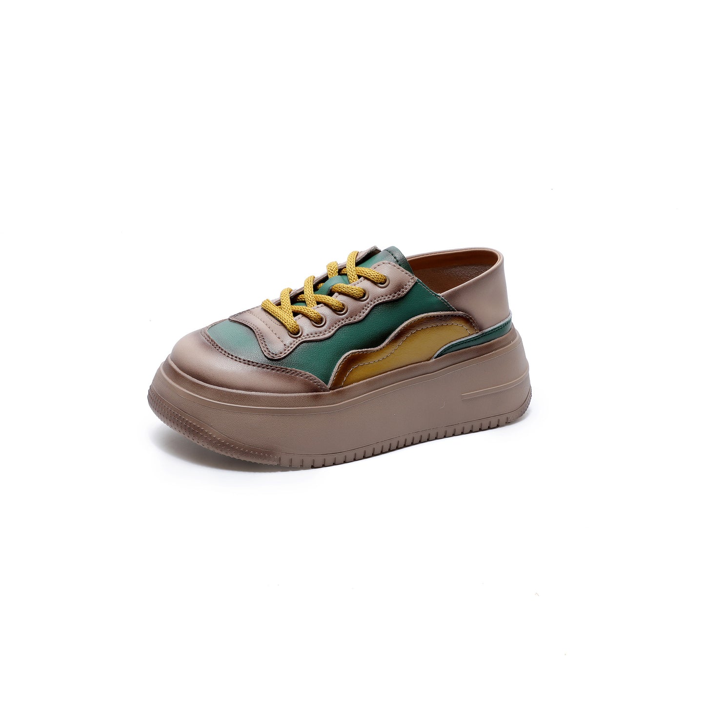 Women's Spring Color Matching Trendy Cowhide Lace Up Muffin Bottom Loafers