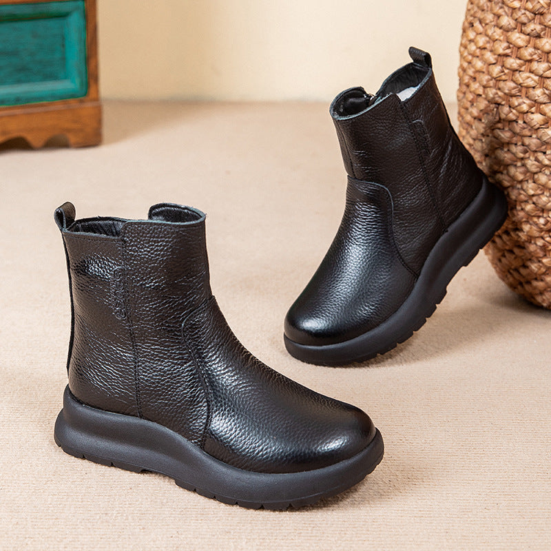Women's Layer Cowhide Mother's Cotton Flat Leisure Warm Snow Boots