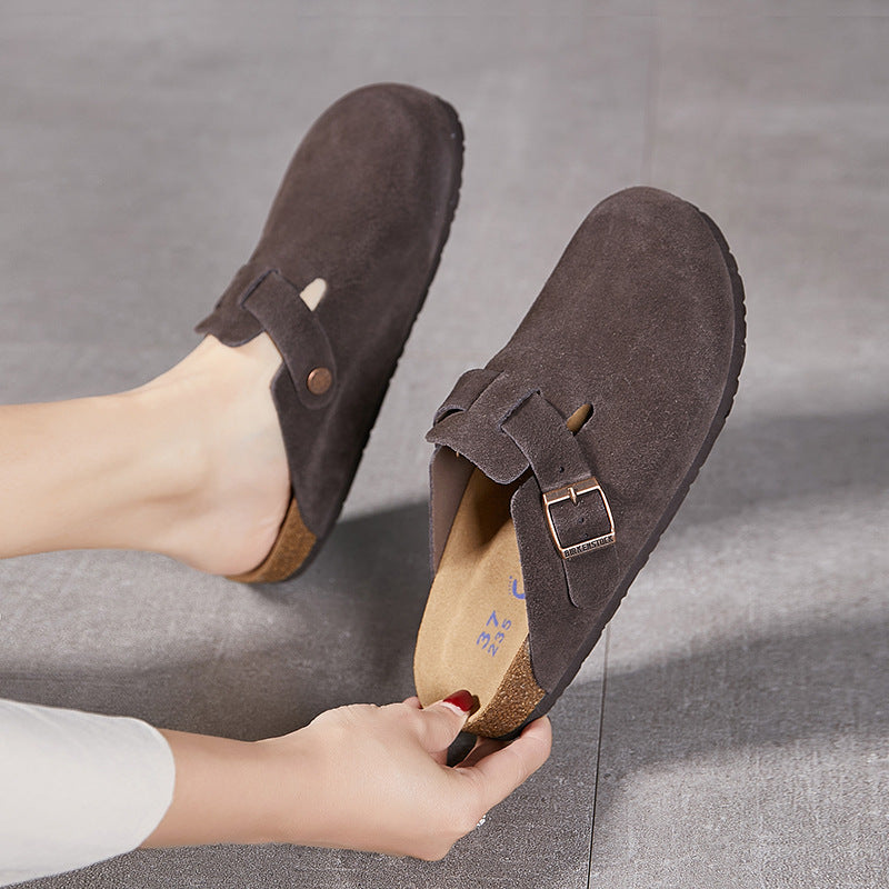 Women's & Men's Cork Sole Flat Cowhide Fishing Leisure Slippers