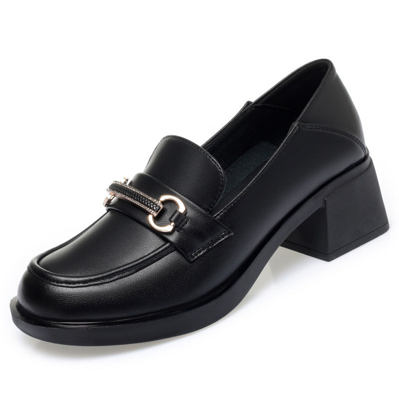 Soft Bottom Mid Mom British Style Slip-on Black Single-layered Women's Fashion Shoes