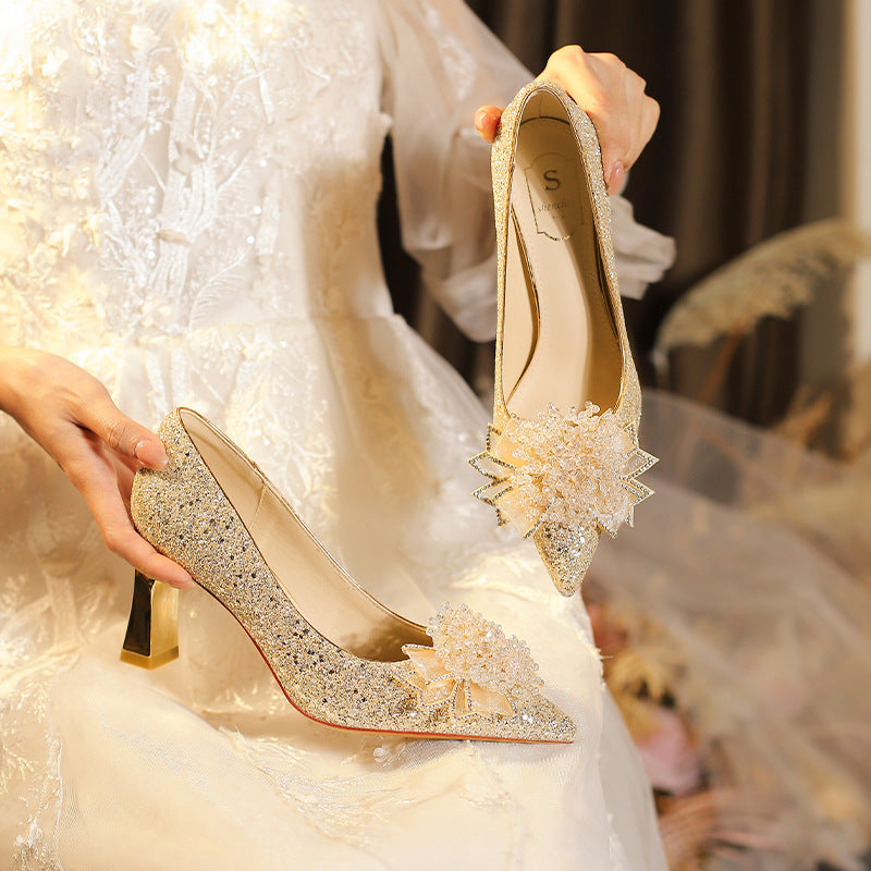 Wedding Shallow Mouth Pointed Toe Crystal Main Dress Women's Fashion Shoes