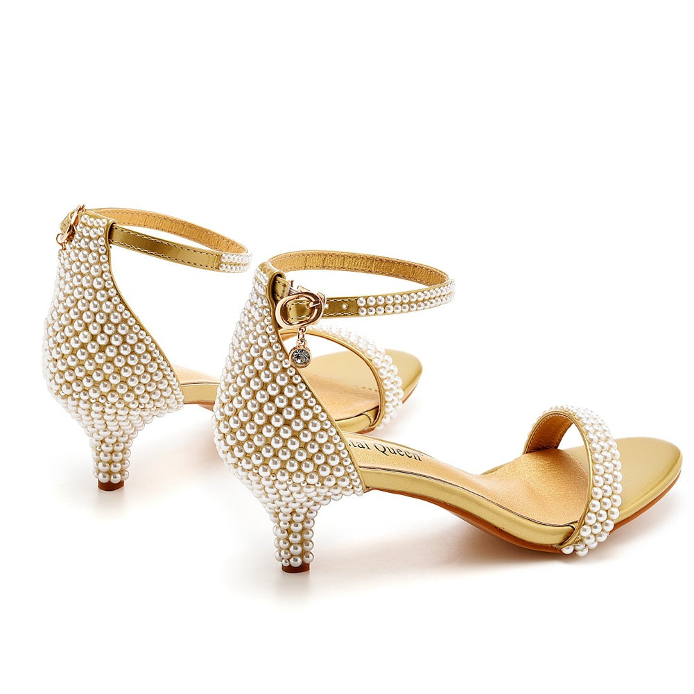 Low-cut Low White Pearl Wedding Dress Heels