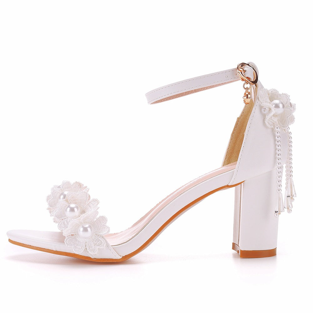 Chunky Low-cut Strap Beaded Tassel Flowers Bridal Heels