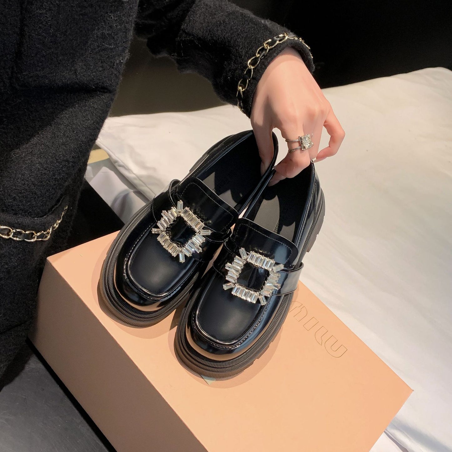 Women's Spring British Style Mary Jane Rhinestone Loafers