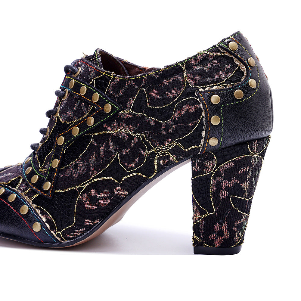 Women's Handmade Genuine Brushed Stitching Rivet Retro Heels