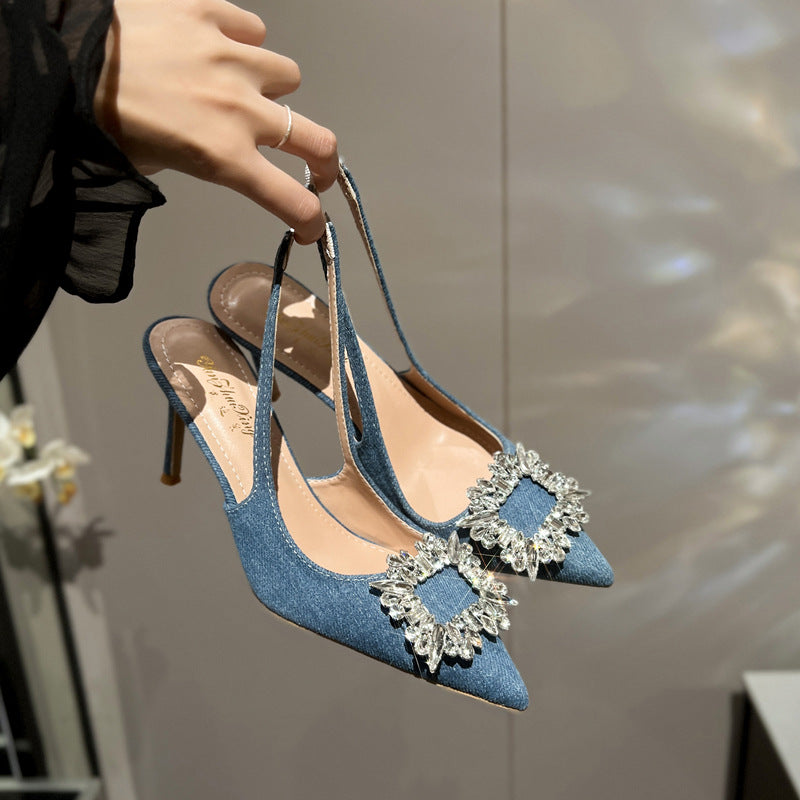 Pointed Toe Slingback Closed Rhinestone Square Buckle Heels