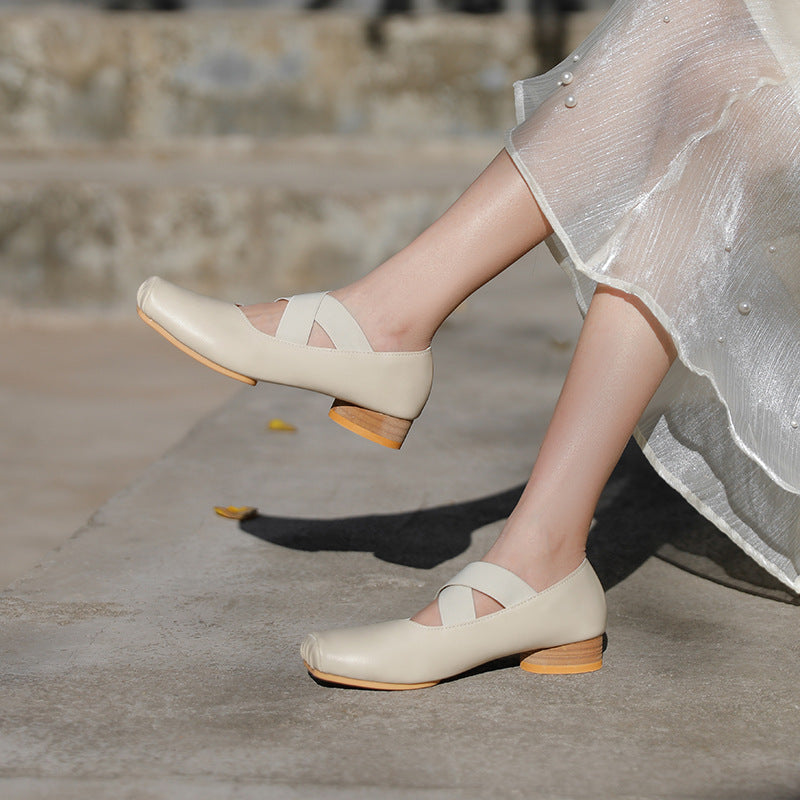 Women's Mary Jane Pleated Square Toe Vintage Chunky Ballet Women's Shoes