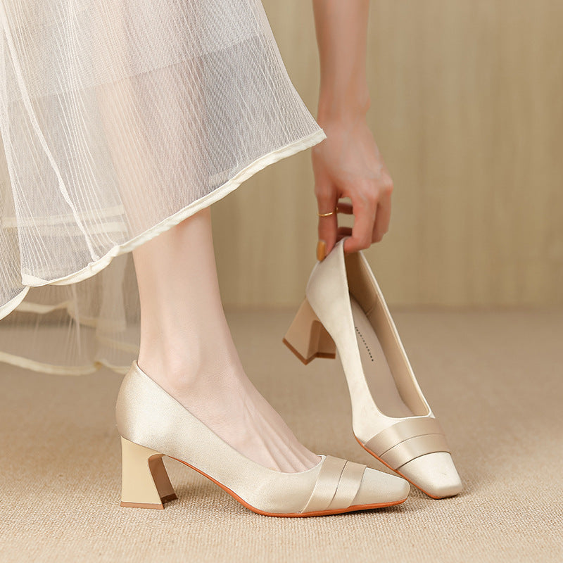 Women's French Style Satin Pointed High Bridesmaid Fairy Beautiful Wedding Genuine Women's Fashion Shoes