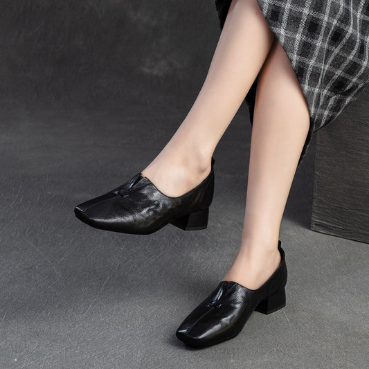 Women's French Square Head Small Chunky Pumps Loafers