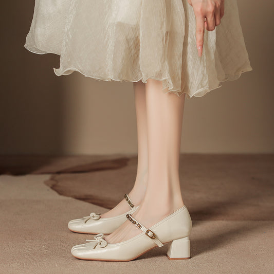 Women's French Style Temperament Pumps Bow High High-grade Chunky Square Women's Shoes