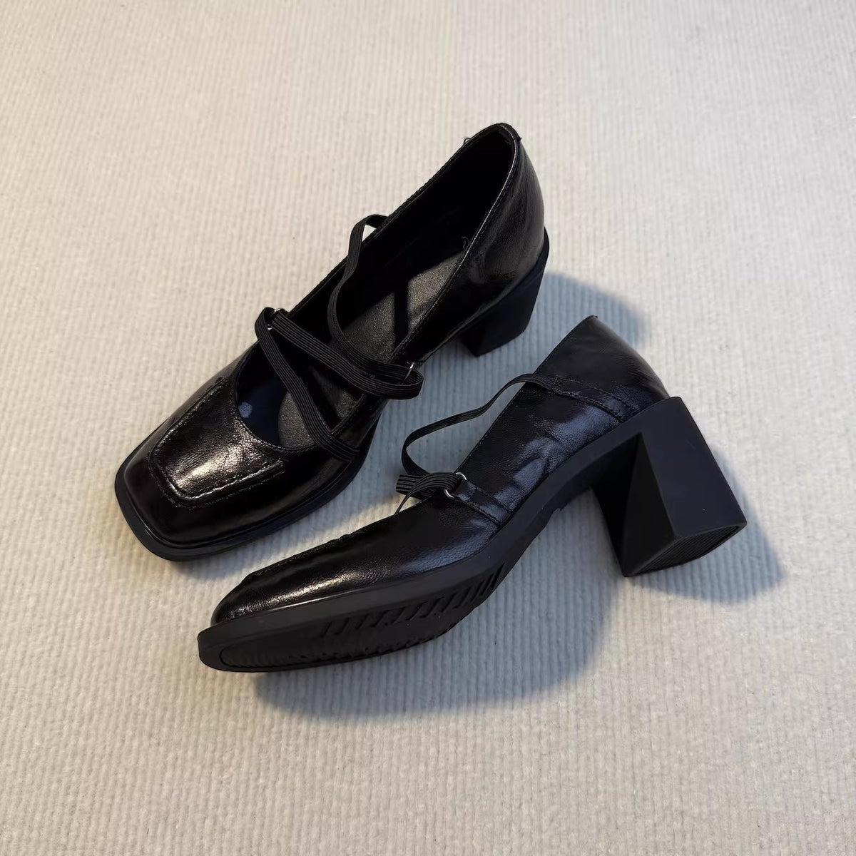 Women's Cowhide Version Retro Commuter Genuine Black Chunky Mary Jane Beautiful Heels
