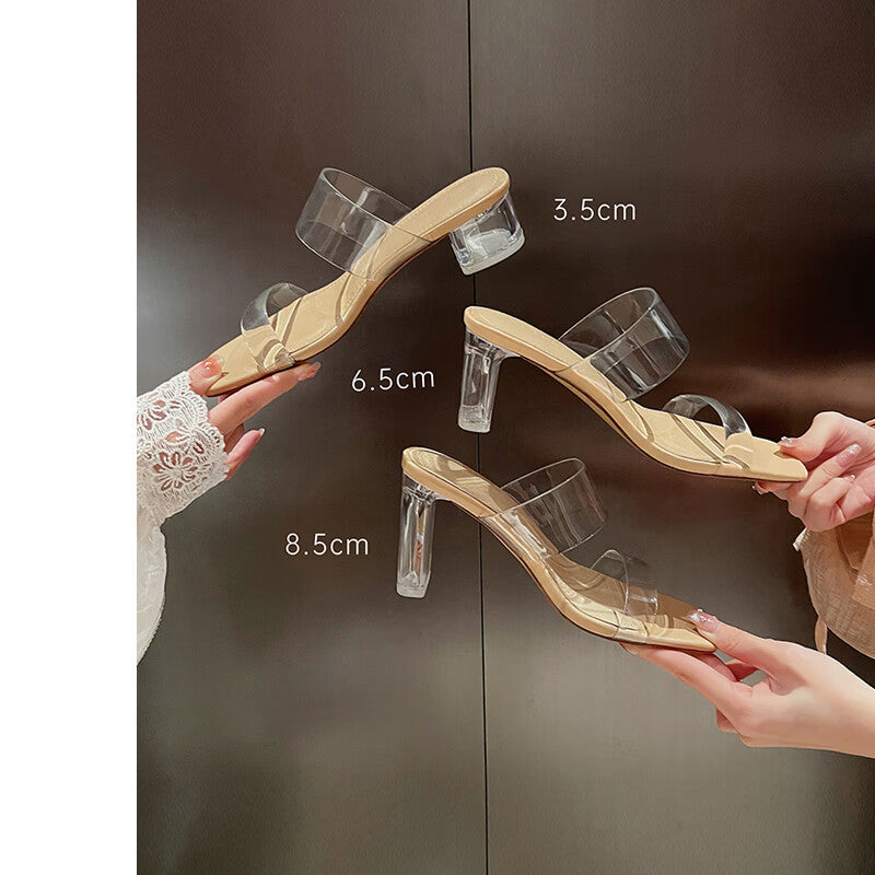 Women's Transparent Open Toe High Summer Fashion Square Strap Heels