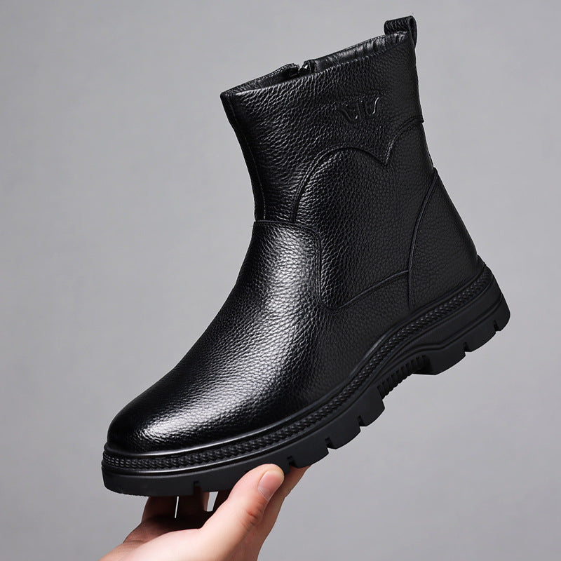 Men's Layer Cowhide Cotton Wool Fleece-lined Warm Boots