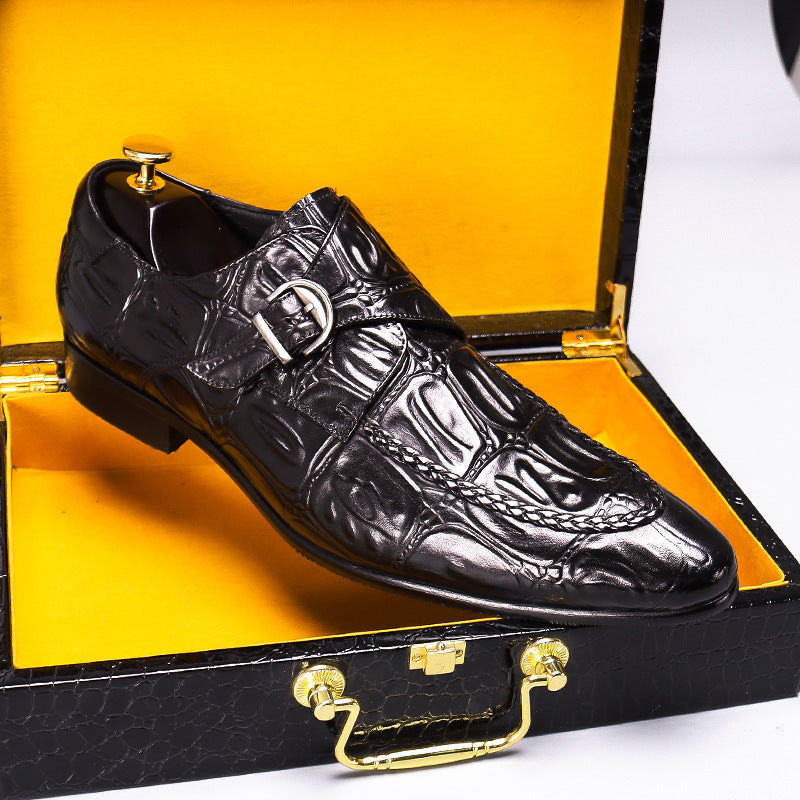 Men's Alligator Pattern Formal Wear First Layer Cowhide Pointed Men's Business Leather Shoes