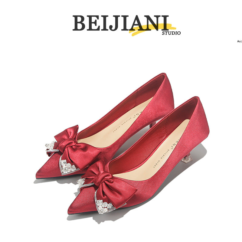 Women's Sheepskin Wedding For Bridal Bow High Pointed Women's Fashion Shoes