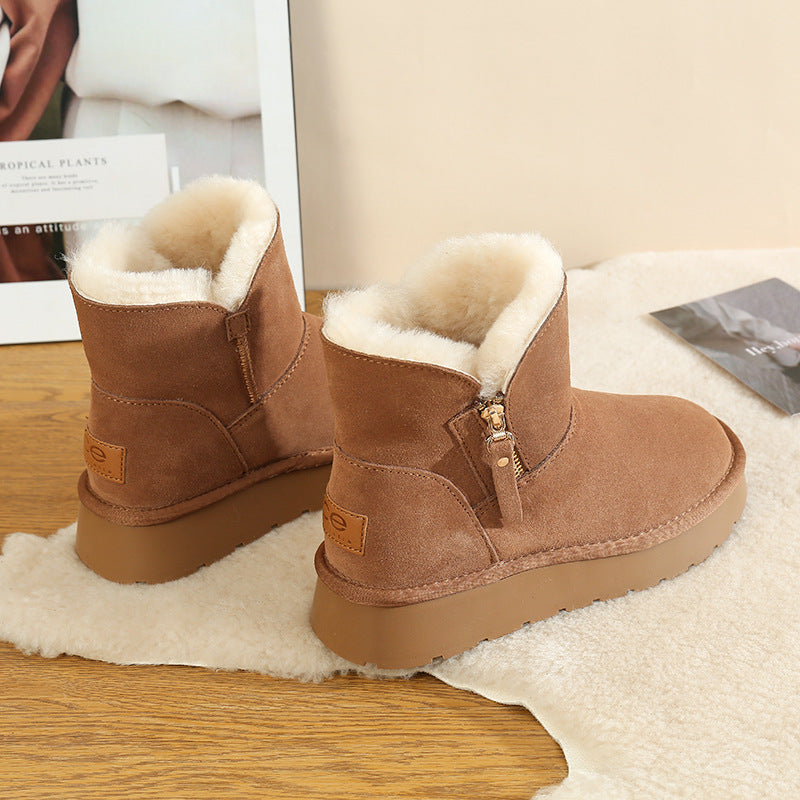 Women's Fur Genuine Wool Side Zipper Fleece Snow Boots