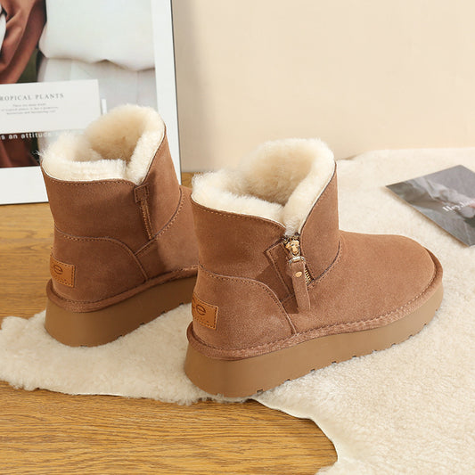 Women's Fur Genuine Wool Side Zipper Fleece Snow Boots