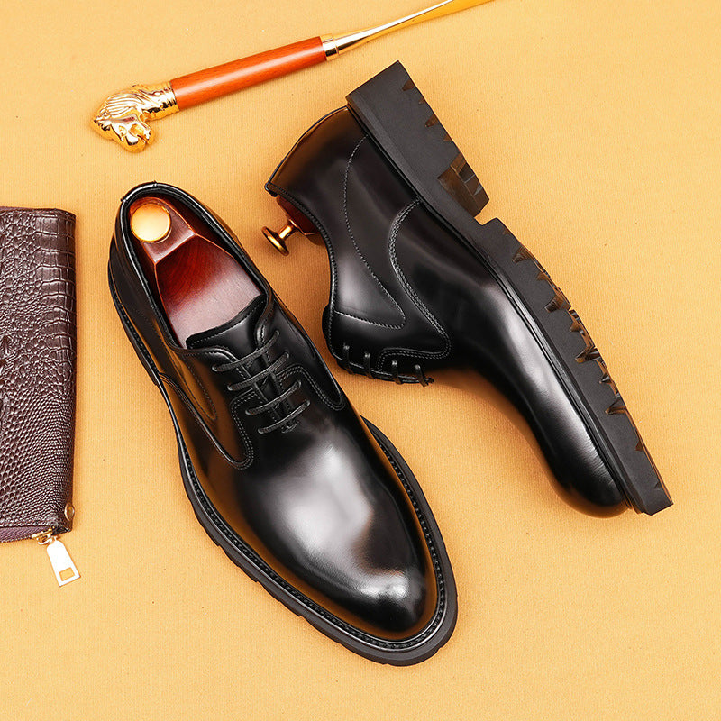 Men's Cowhide Glossy British Thick Sole Increased Business Formal Leather Shoes