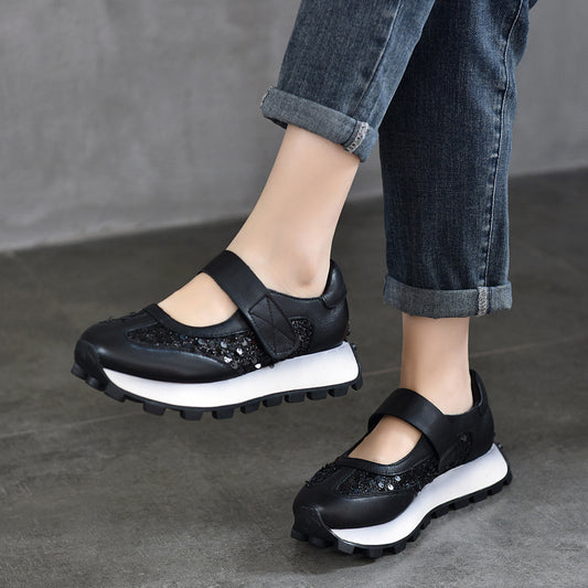 Women's Sports Velcro Genuine First Layer Cowhide Leather Shoes