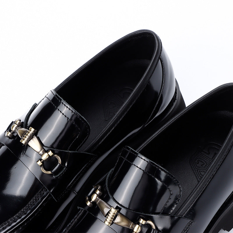 Trendy Chain Buckle Breathable Thick Bottom Black Leather Shoes
