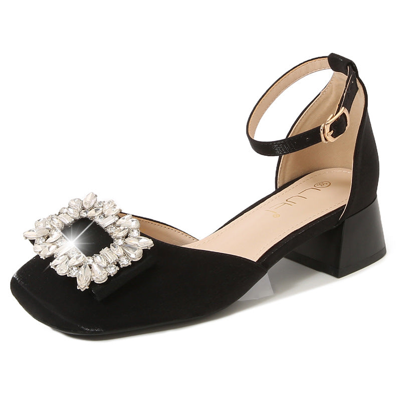 Women's Summer Retro Square Toe Chunky Mary Jane Small Heels