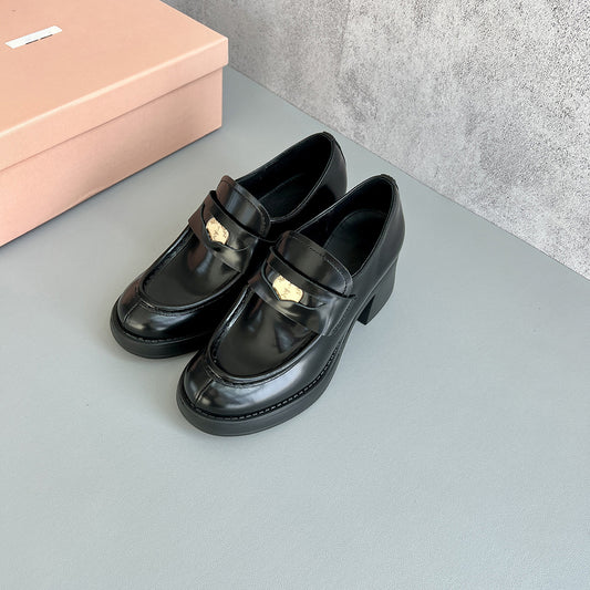 Women's Spring Gold Coin Platform Round Toe High Chunky Loafers