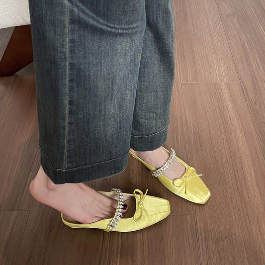 Women's Bow Rhinestone Closed Toe Half Chunky French Slippers