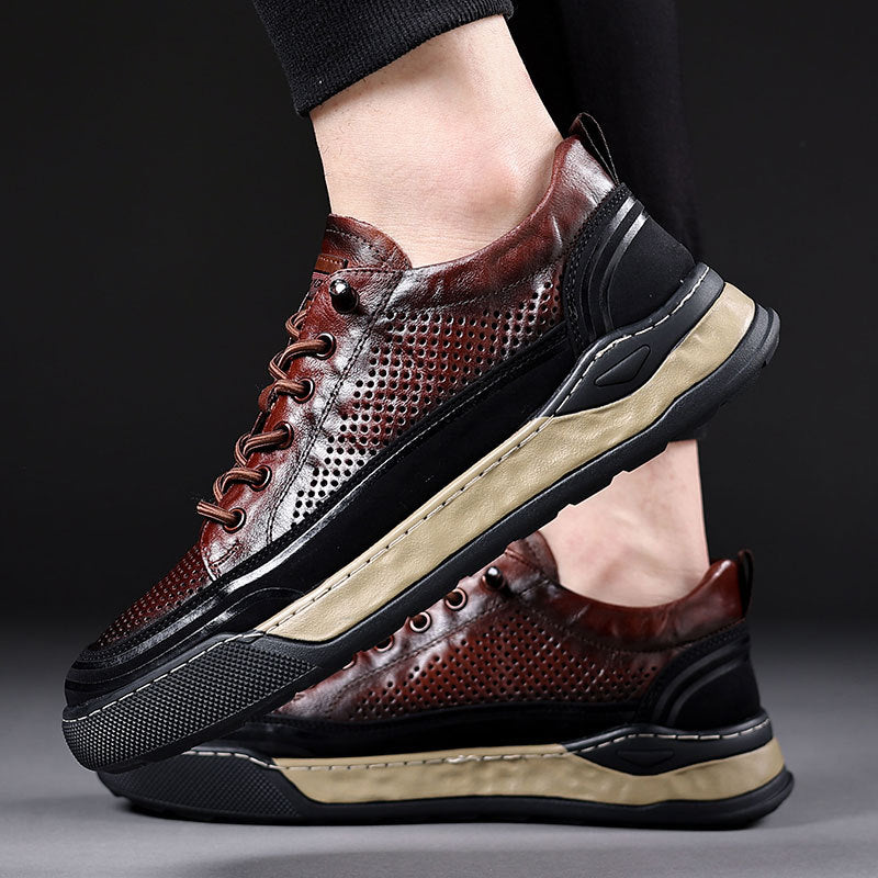 Men's Summer Hollow Breathable Genuine Cowhide Green Sneakers