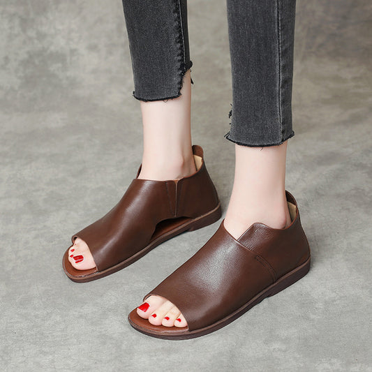 Genuine Slip On Peep Toe Flat Low Soft Sandals