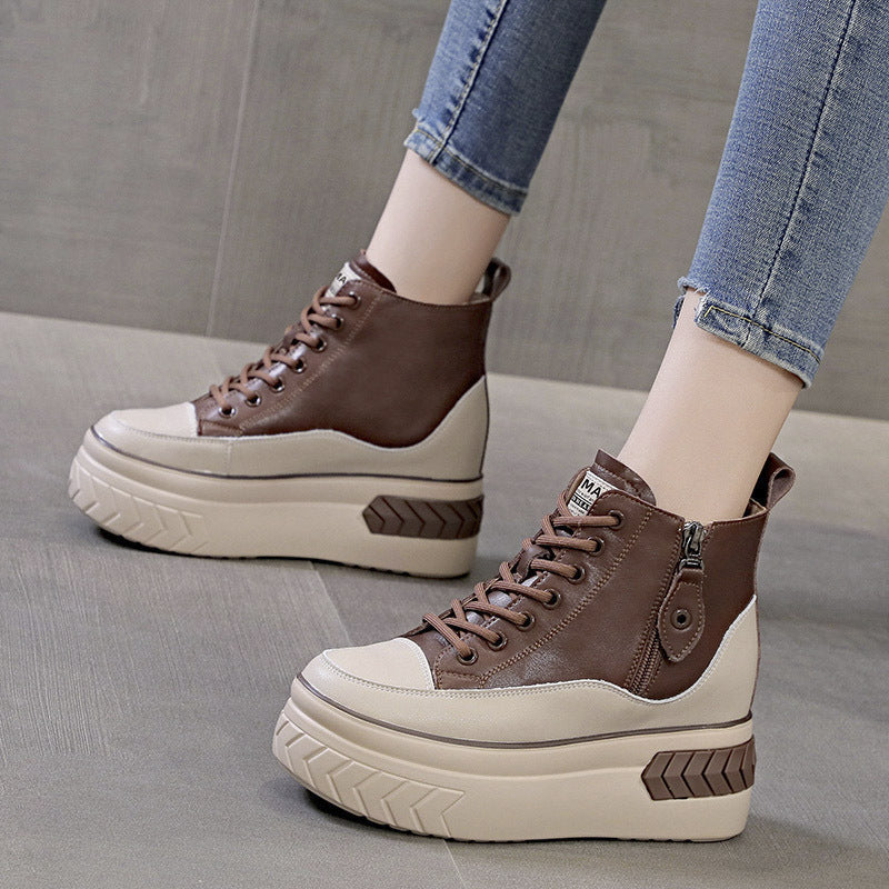 Women's Cowhide Autumn Platform High Height Increasing Heels