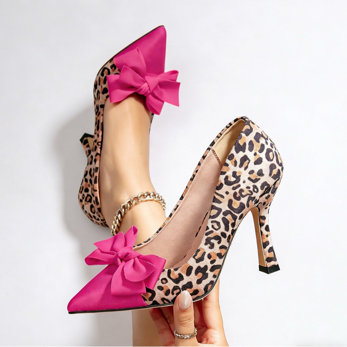 Women's Pointed Stiletto Color Block High Fashionable Comfortable Leopard Bow Heels