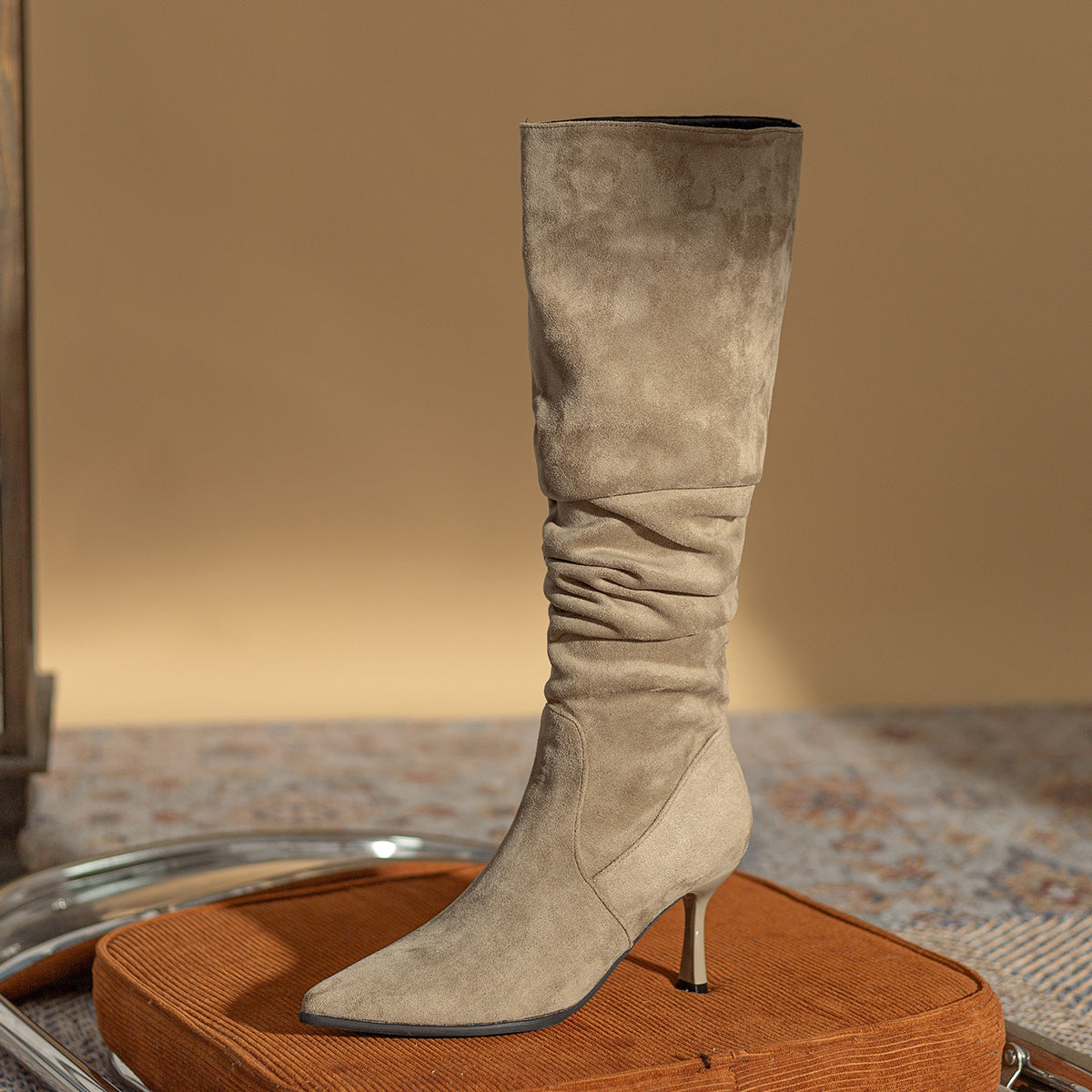 Women's Plus Veet Pointed Pile Style Stiletto Long-heeled Boots