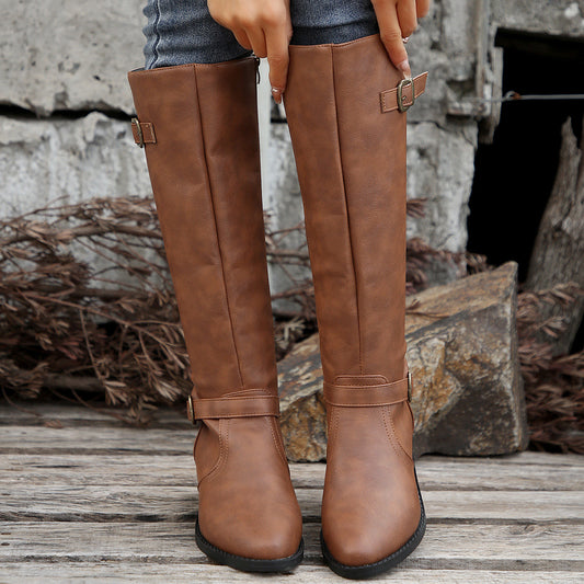 Women's Square Tall Knight Belt Buckle Solid Boots