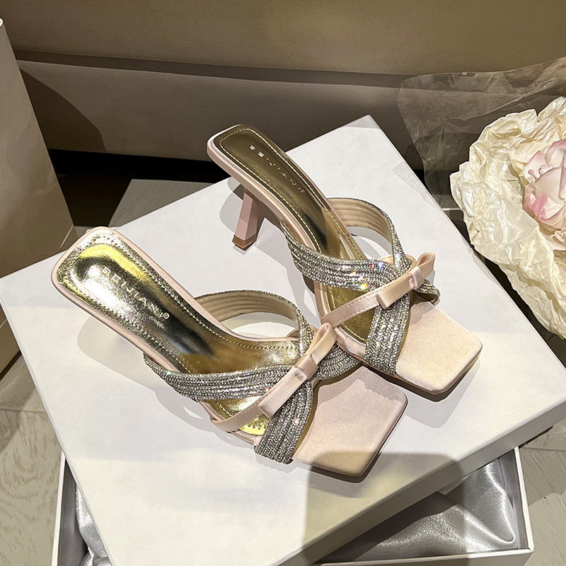 Women's Rhinestone Bow Temperament Square Toe Open Heels