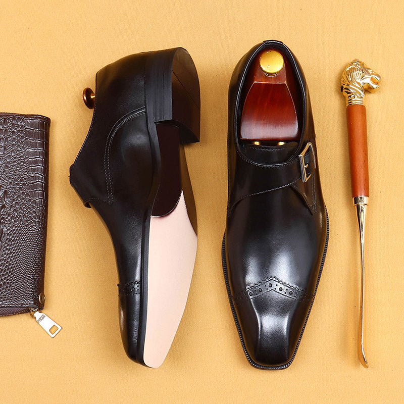 Men's Custom Monk British Vintage Buckle Formal Wear Authentic Square Men's Business Leather Shoes