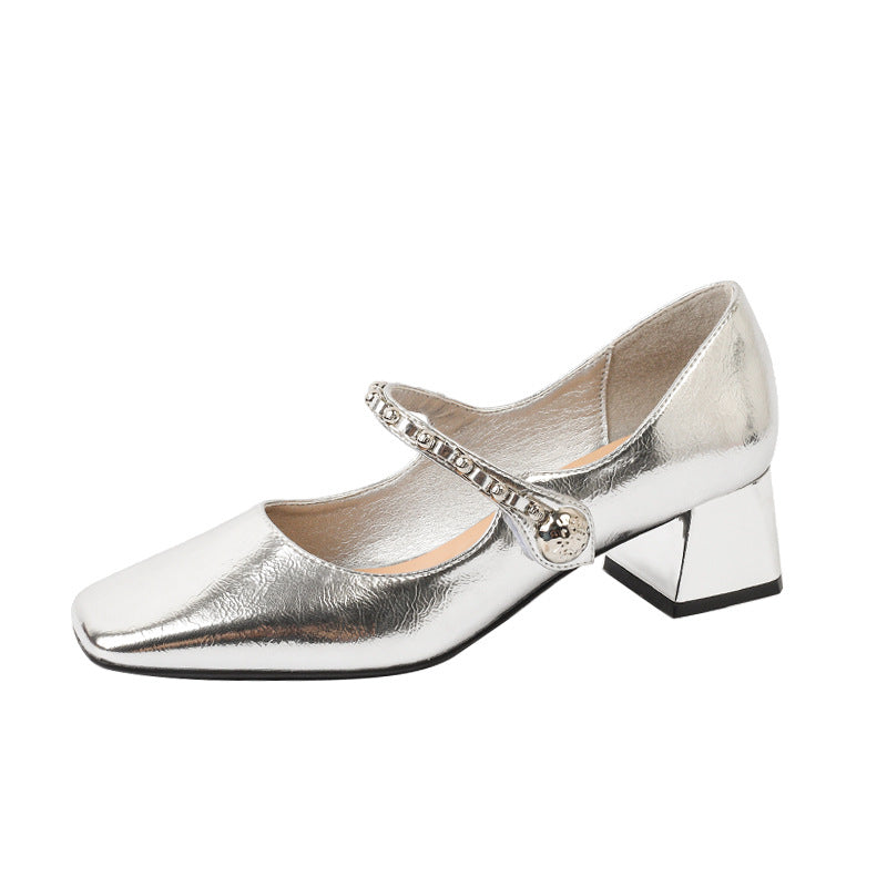 Chunky Mary Jane Female Square Toe French Retro Soft Chain Women's Fashion Shoes